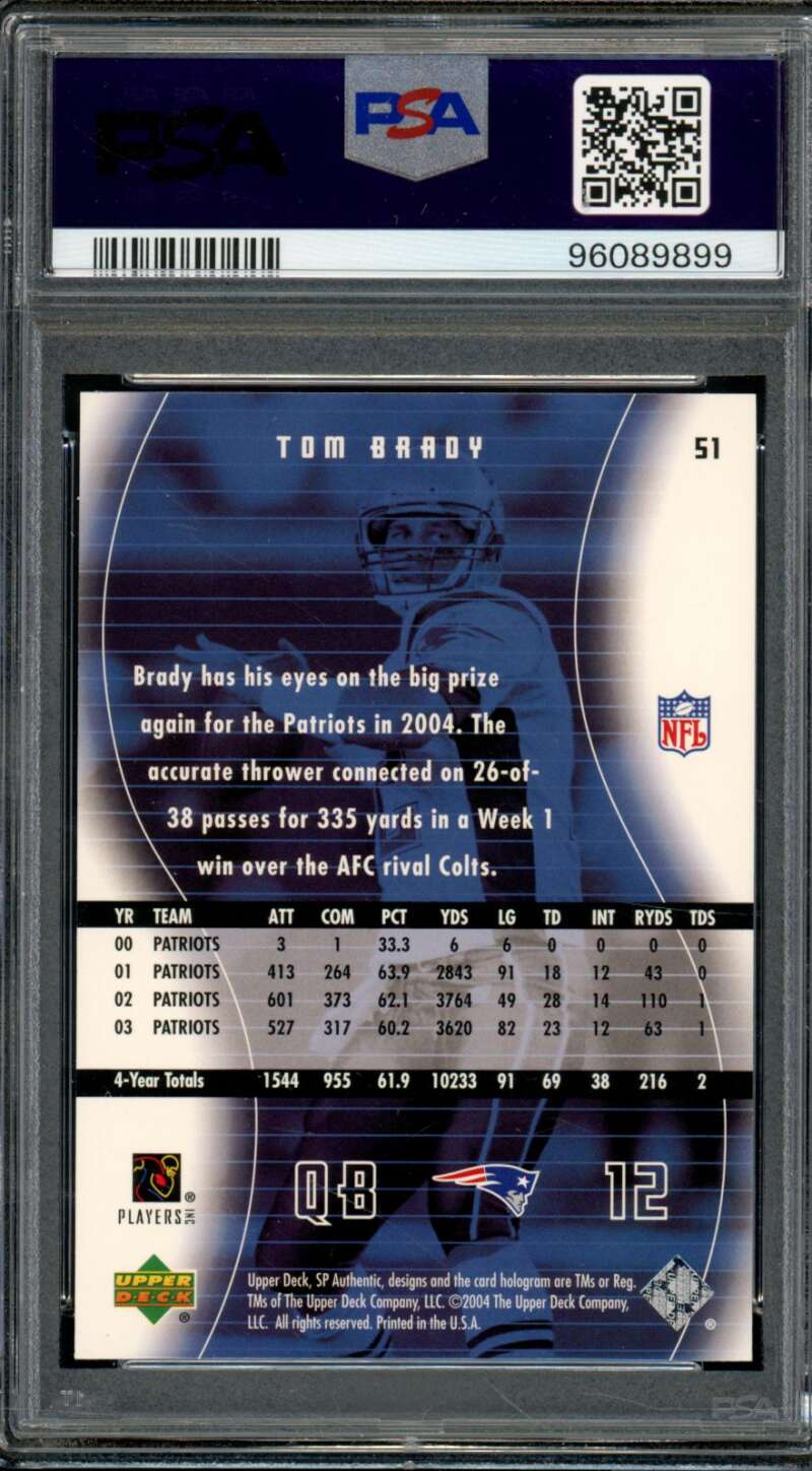 Tom Brady Card 2004 SP Authentic #51 PSA 10 Image 2