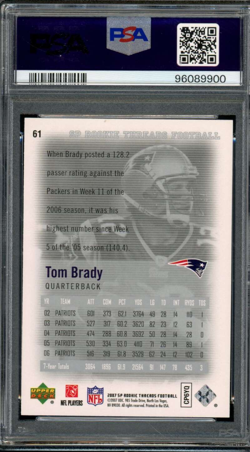 Tom Brady Card 2007 Sp Rookie Threads #61 PSA 10 Image 2