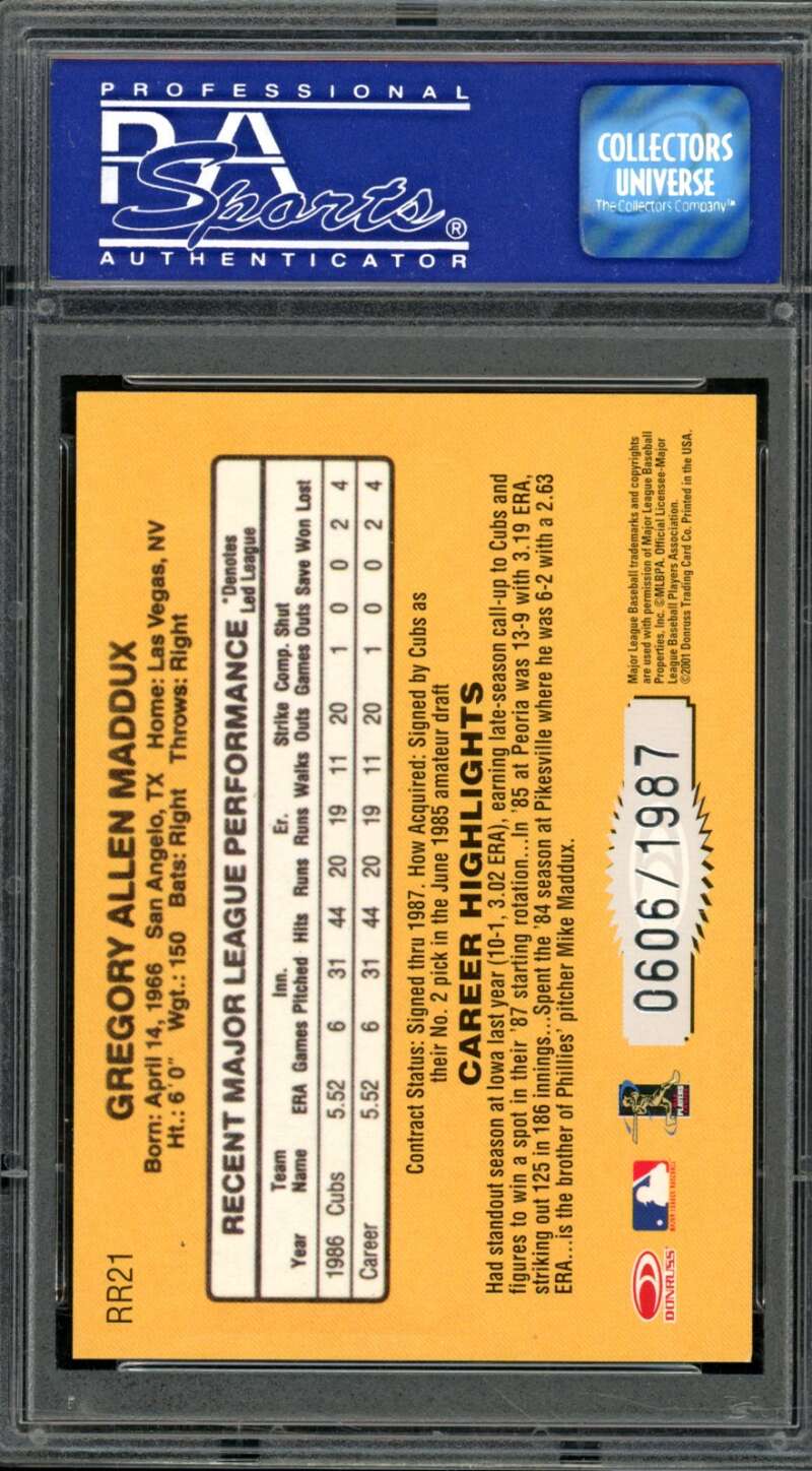 Greg Maddux Card 2001 Donruss Rookie Reprint #Rr21 PSA 7 Image 2