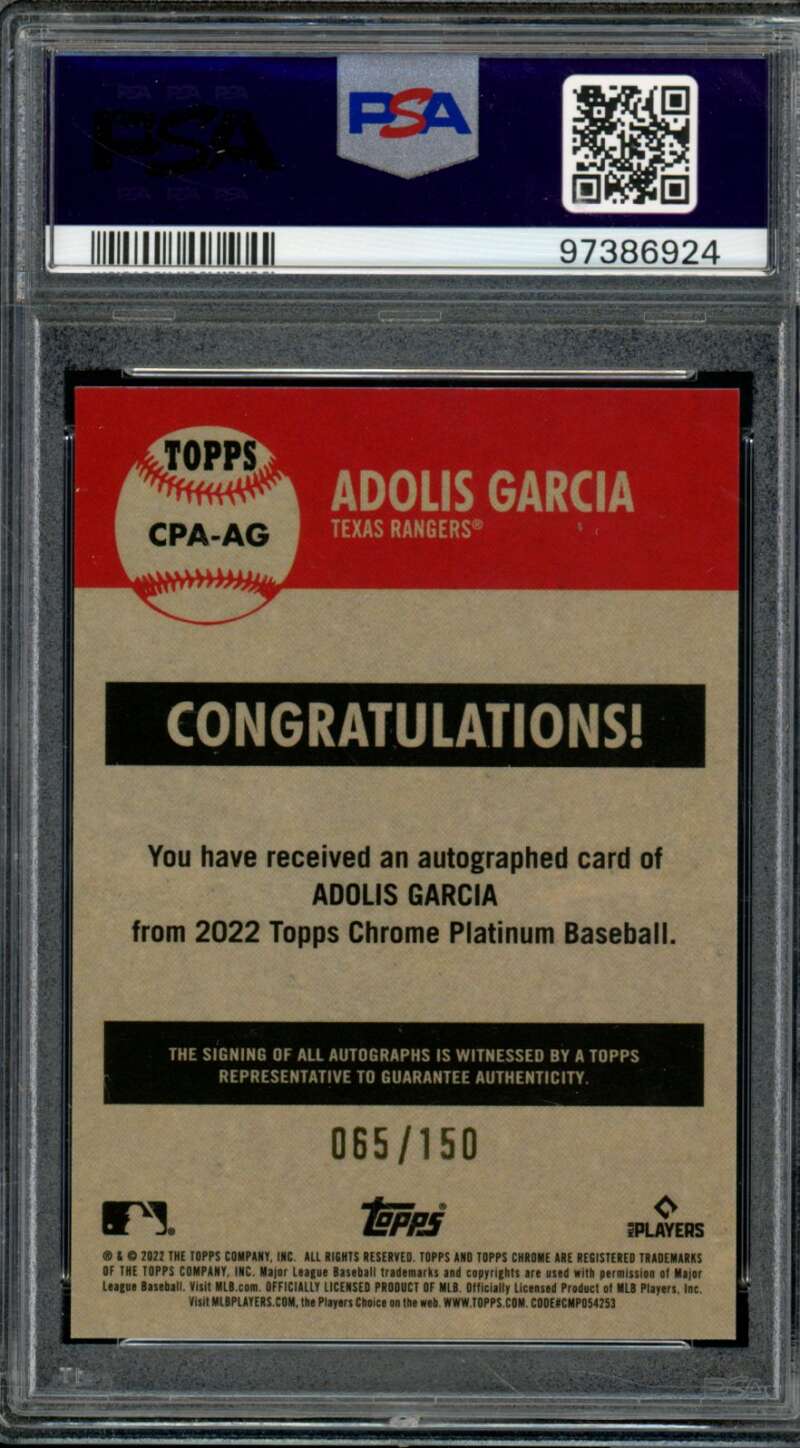 Adolis Garcia 2022 Platinum Anniversary Auto Aqua Refractor (pop 1) #AG PSA 10 Image 2