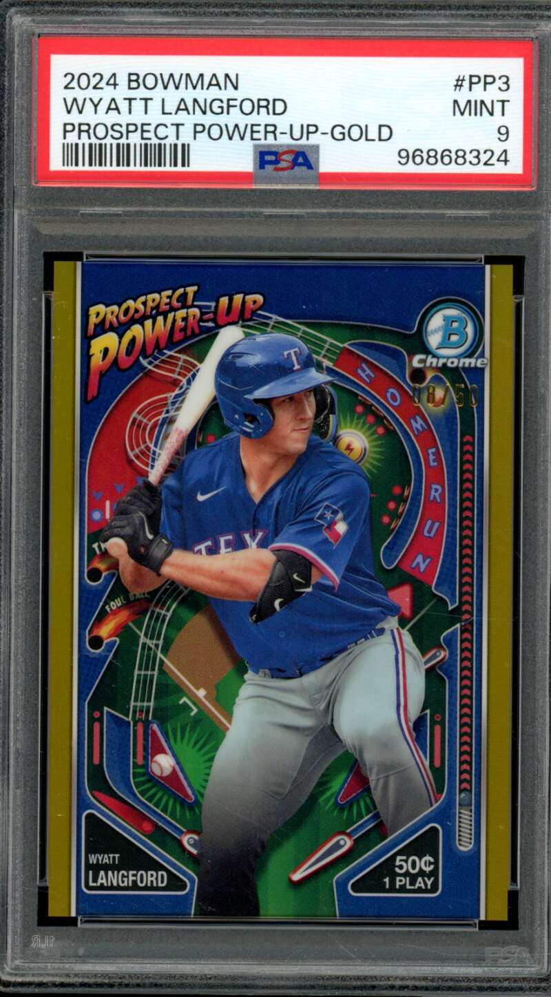 Wyatt Langford Card 2024 Bowman Prospect Power Up Gold (pop 2) #PP3 PSA 9 Image 1