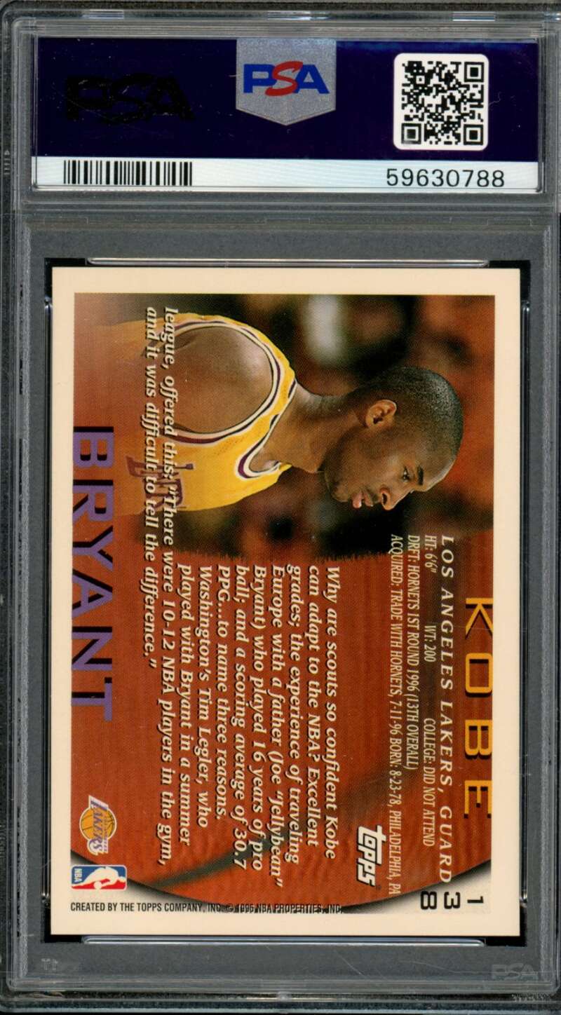 Kobe Bryant Rookie Card 1996-97 Topps #138 PSA 9 Image 2