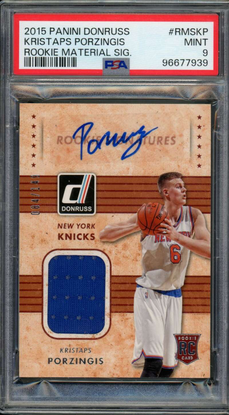 Kristaps Porzingis Rookie Card 2015-16 Donruss Material Signature #RMSKP PSA 9 Image 1