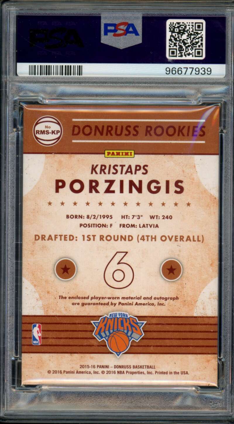 Kristaps Porzingis Rookie Card 2015-16 Donruss Material Signature #RMSKP PSA 9 Image 2