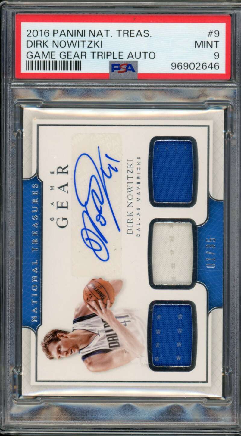 Dirk Nowitzki 2016-17 National Treasures Game Gear Triple Auto (1/35) #9 PSA 9 Image 1