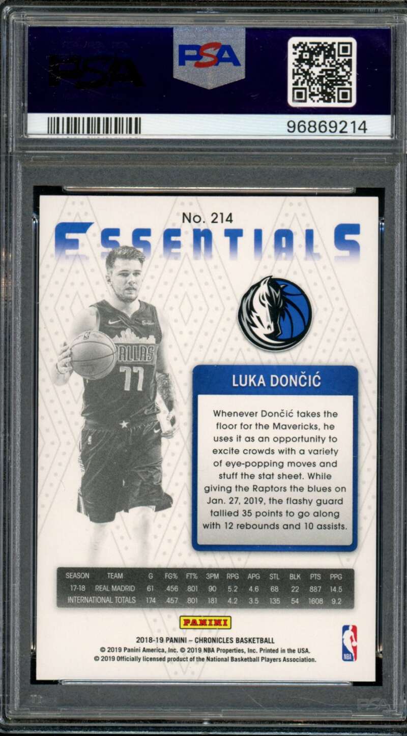 Luka Doncic Rookie Card 2018-19 Panini Chronicles Pink #214 PSA 9 Image 2