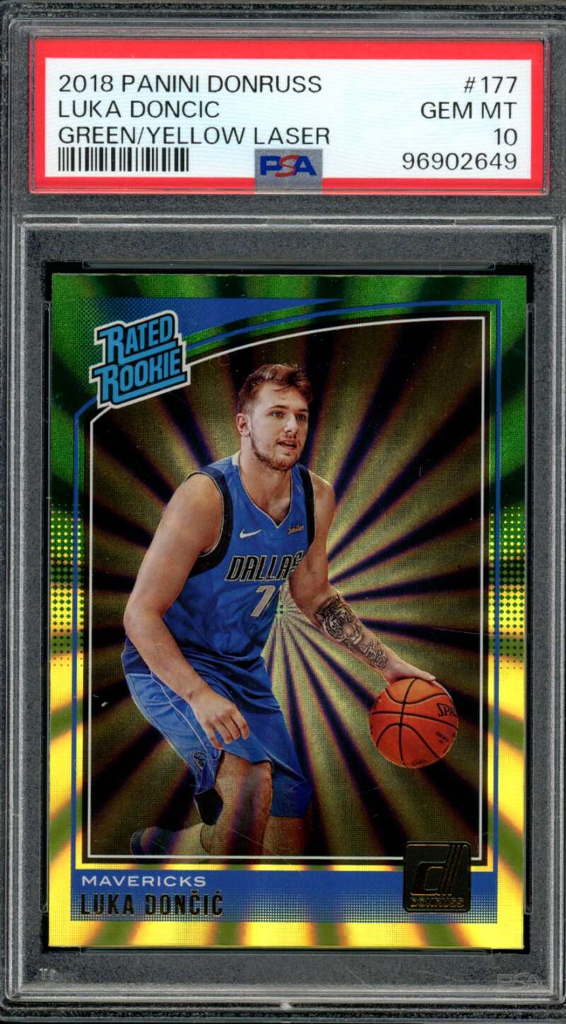 Luka Doncic Rookie Card 2018-19 Panini Donruss Green/Yellow Laser #177 PSA 10 Image 1