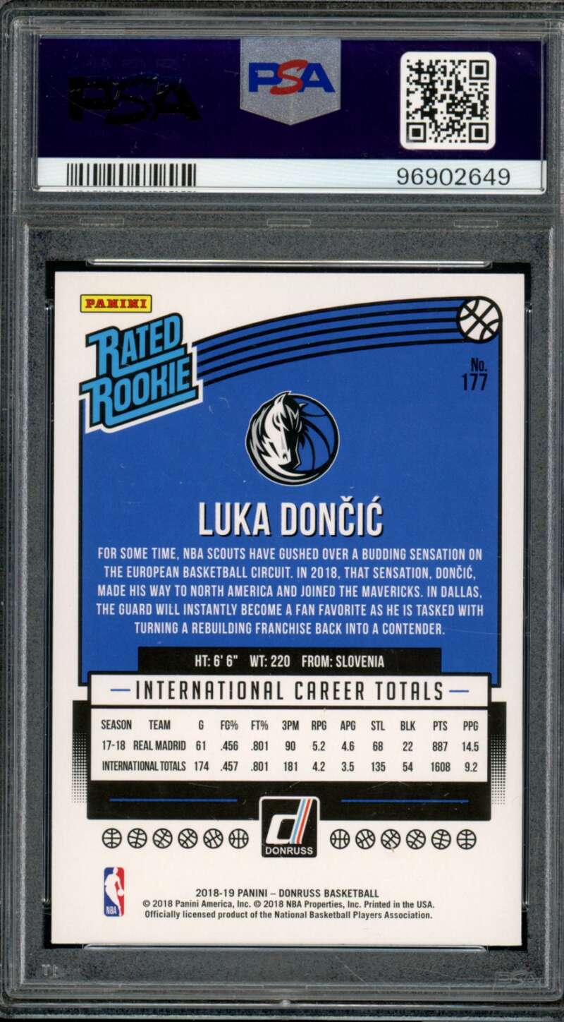 Luka Doncic Rookie Card 2018-19 Panini Donruss Green/Yellow Laser #177 PSA 10 Image 2