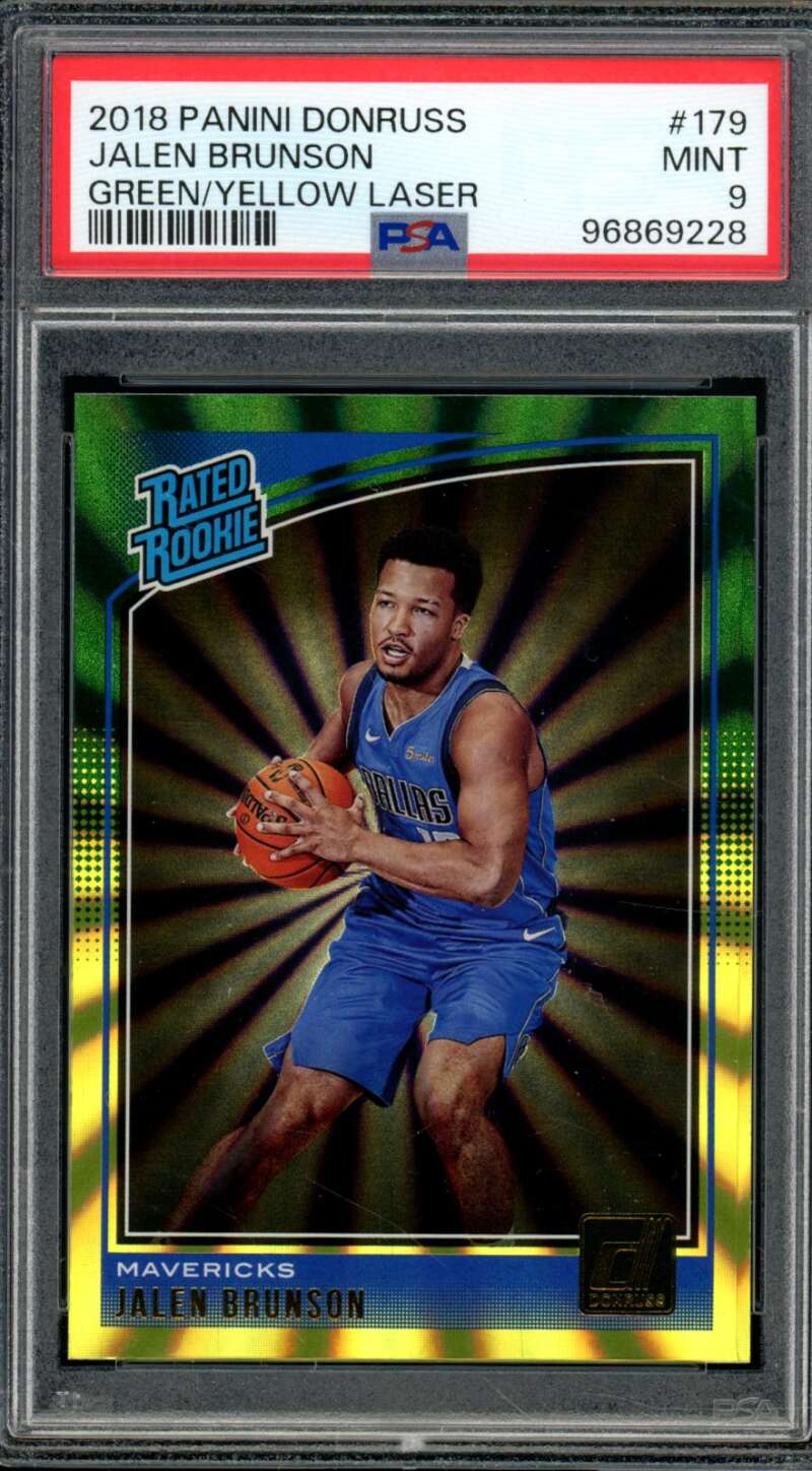 Jalen Brunson Rookie 2018 Panini Donruss Green/Yellow Laser (pop 4) #179 PSA 9 Image 1