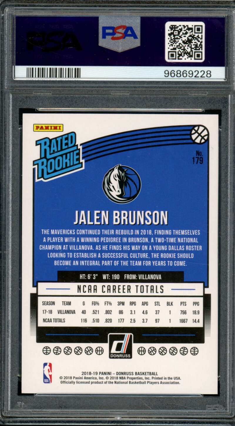 Jalen Brunson Rookie 2018 Panini Donruss Green/Yellow Laser (pop 4) #179 PSA 9 Image 2