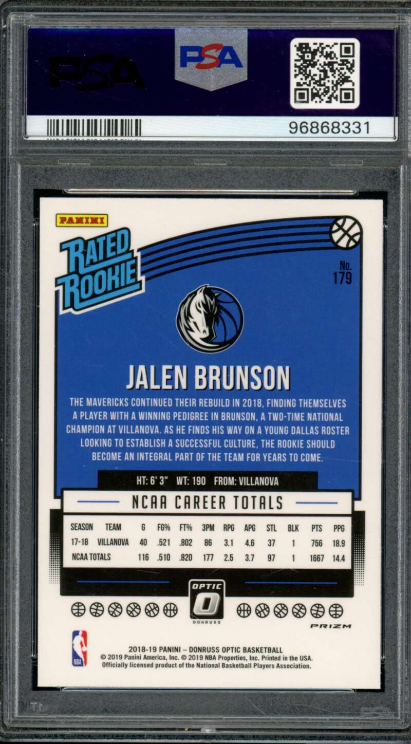 Jalen Brunson Rookie Card 2018-19 Panini Donruss Optic Blue Velocity #179 PSA 10 Image 2