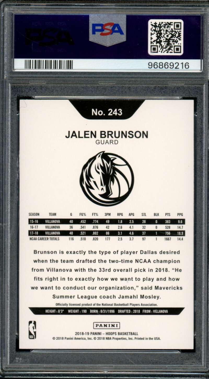 Jalen Brunson Rookie Card 2018-19 Panini Hoops Yellow (pop 1) #243 PSA 9 Image 2