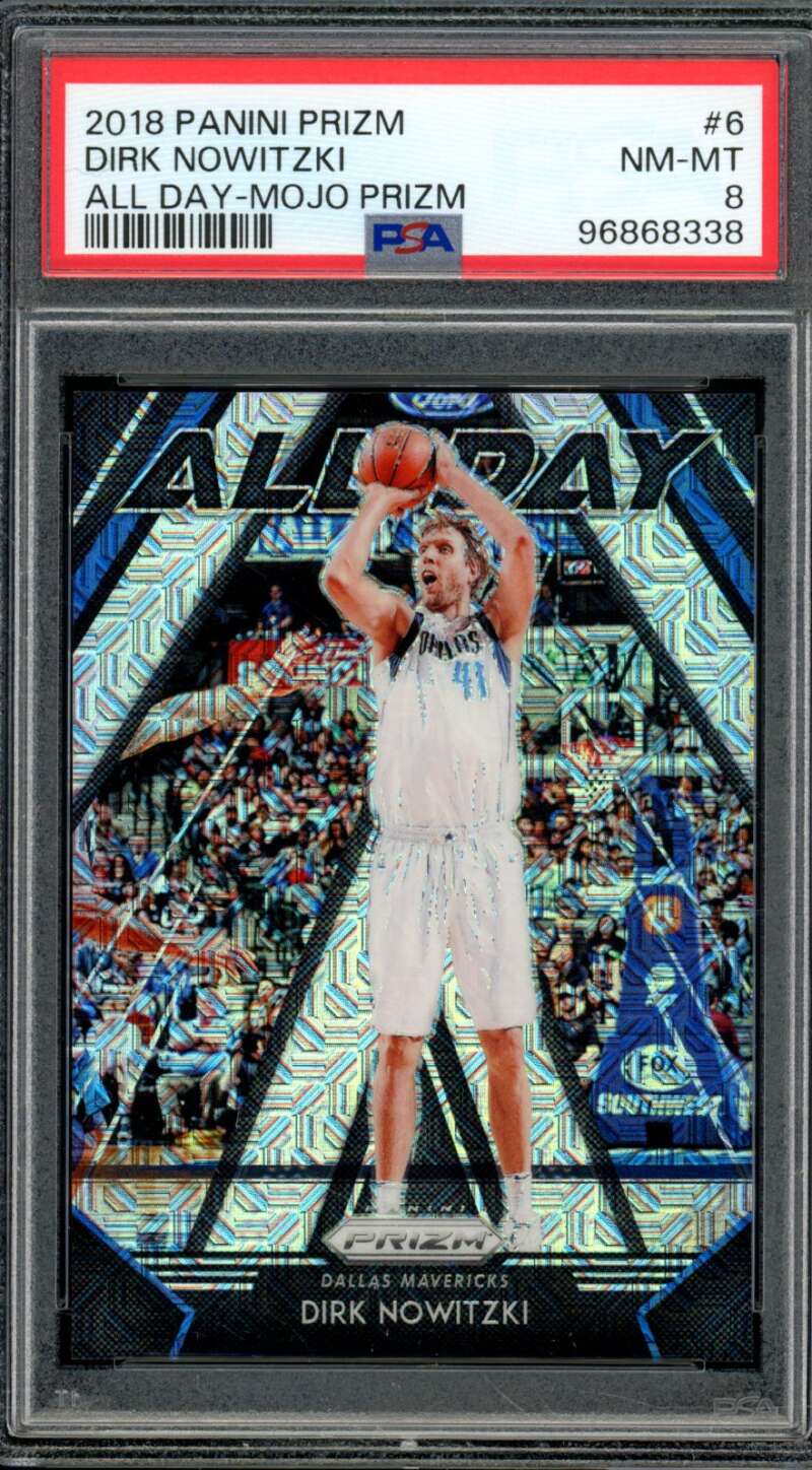 Dirk Nowitzki Card 2018-19 Panini Prizm All Day Mojo Prizm (18/25) #6 PSA 8 Image 1