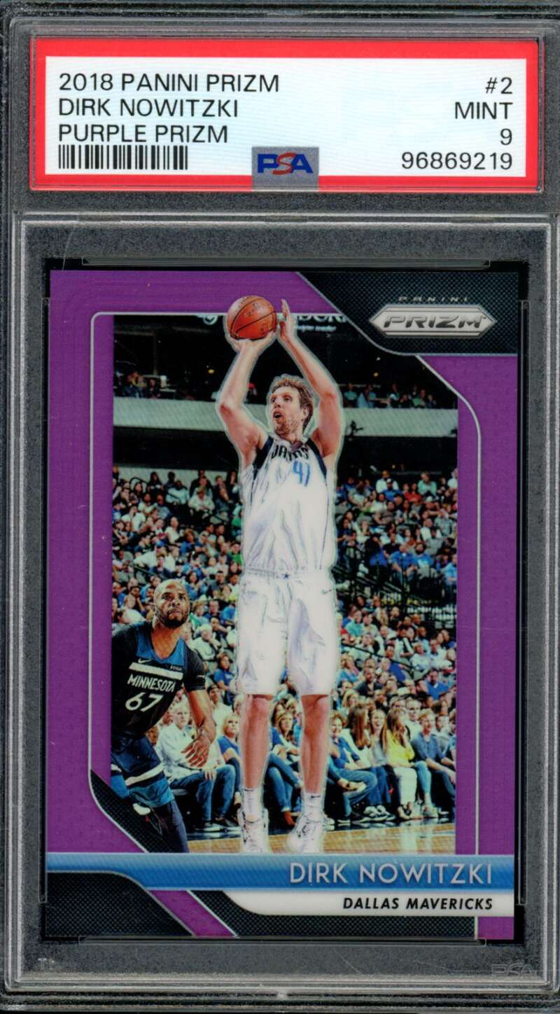 Dirk Nowitzki Card 2018-19 Panini Prizm Purple Prizm (pop 5) #2 PSA 9 Image 1