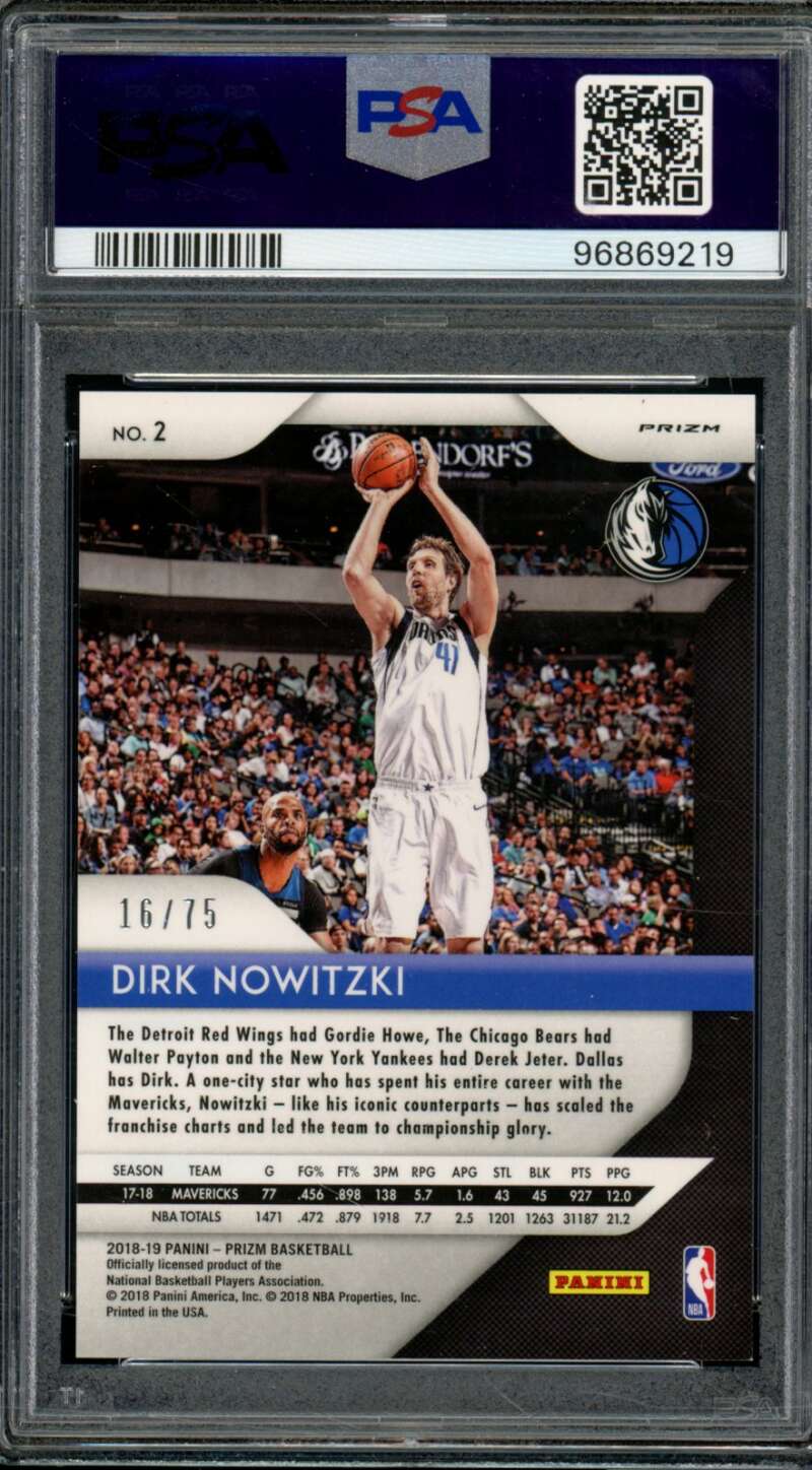 Dirk Nowitzki Card 2018-19 Panini Prizm Purple Prizm (pop 5) #2 PSA 9 Image 2