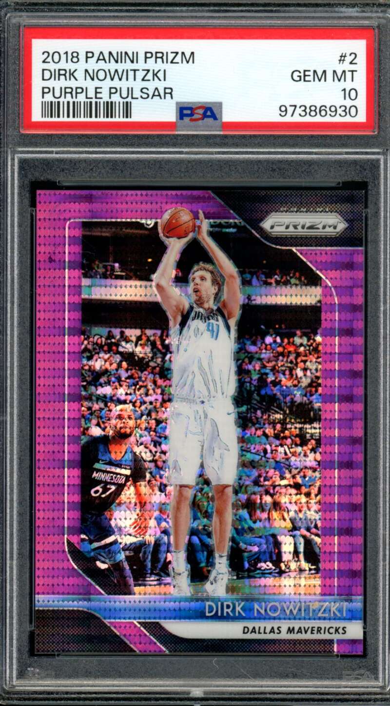 Dirk Nowitzki Card 2018-19 Panini Prizm Purple Pulsar (16/35) (pop 2) #2 PSA 10 Image 1