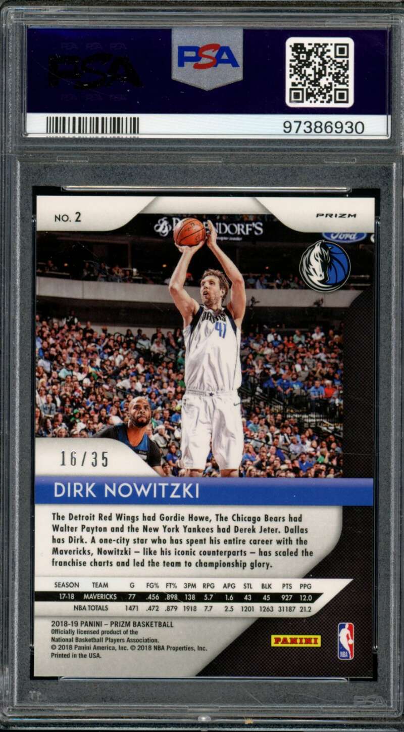 Dirk Nowitzki Card 2018-19 Panini Prizm Purple Pulsar (16/35) (pop 2) #2 PSA 10 Image 2