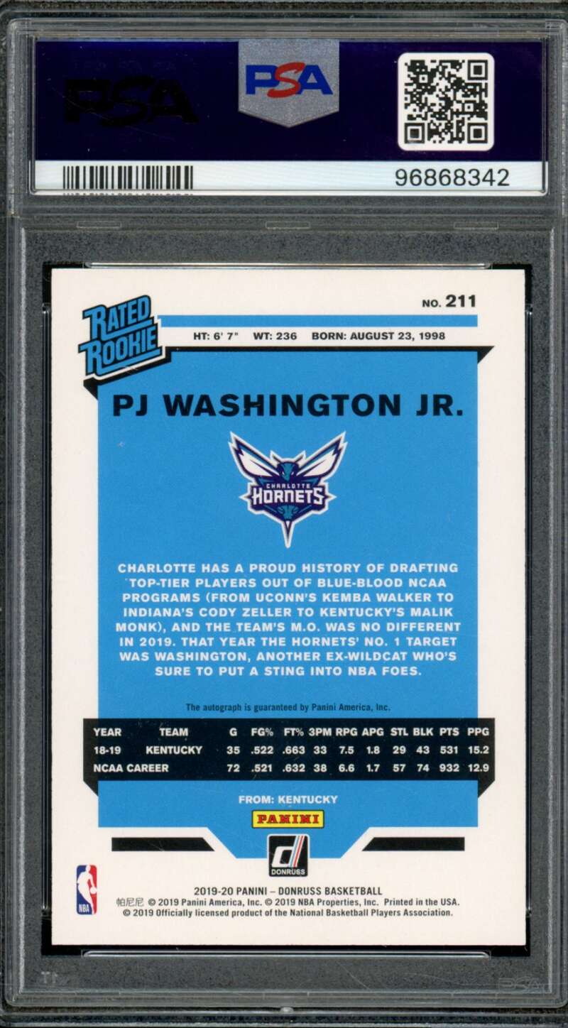 PJ Washington Jr. Rookie 2019-20 Panini Donruss Signature (pop 12) #211 PSA 10 Image 2