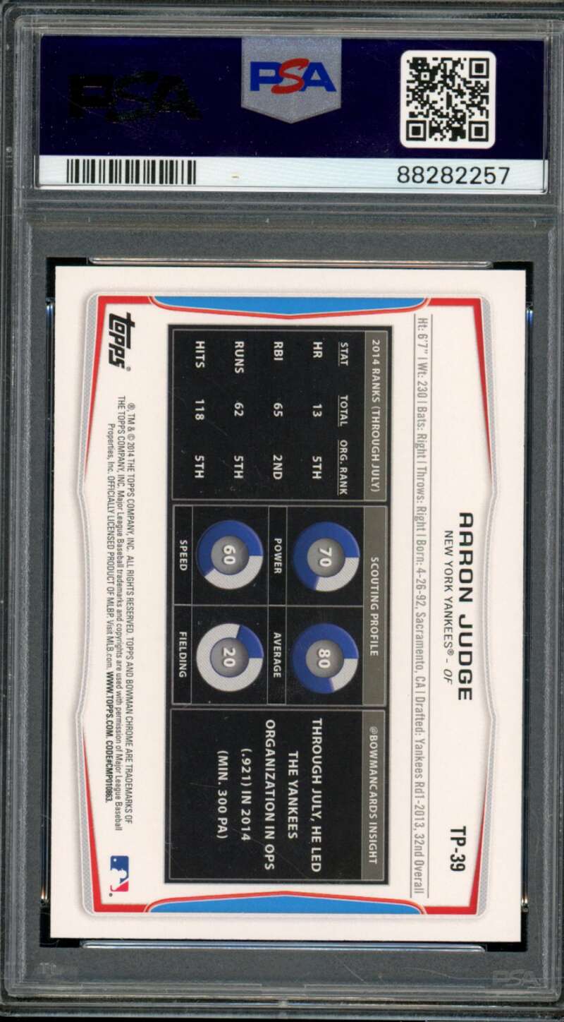 Aaron Judge Rookie Card 2014 Bowman Draft Picks #TP39 PSA 9 Image 2