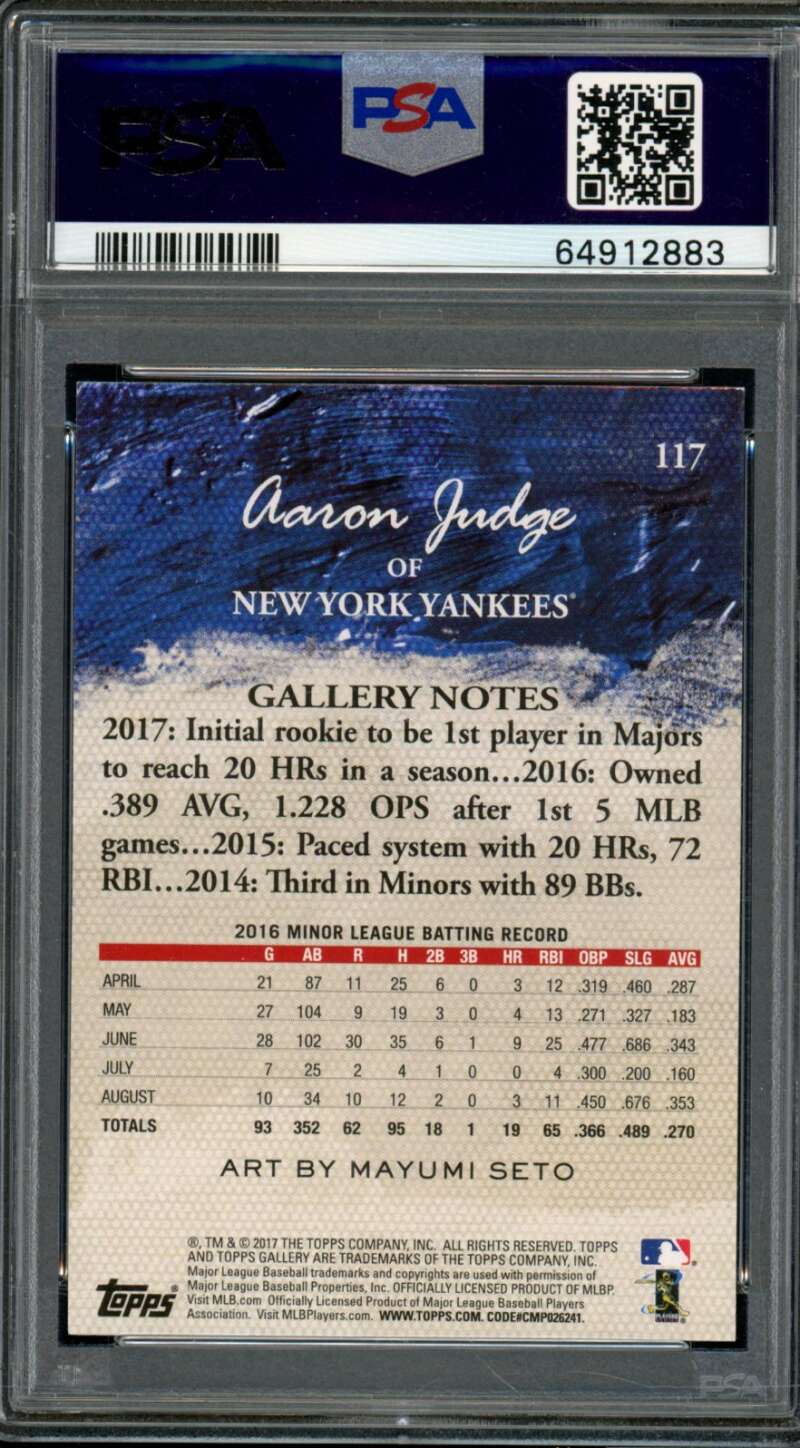 Aaron Judge Rookie Card 2017 Topps Gallery #117 PSA 9 Image 2