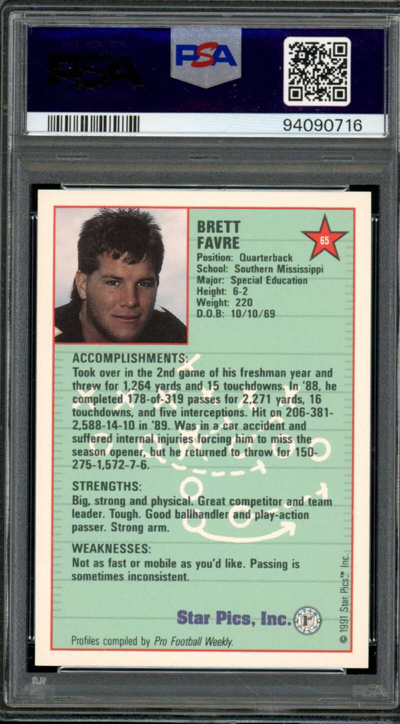 Brett Favre Rookie Card 1991 Star Pics #65 PSA 10 Image 2