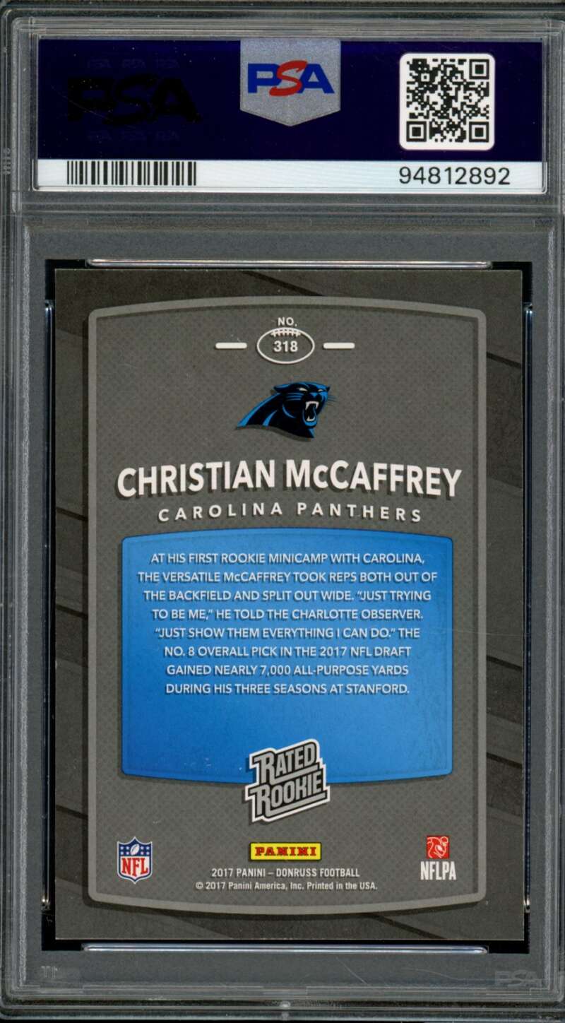 Christian McCaffrey Rookie Card 2017 Panini Donruss #318 PSA 9 Image 2