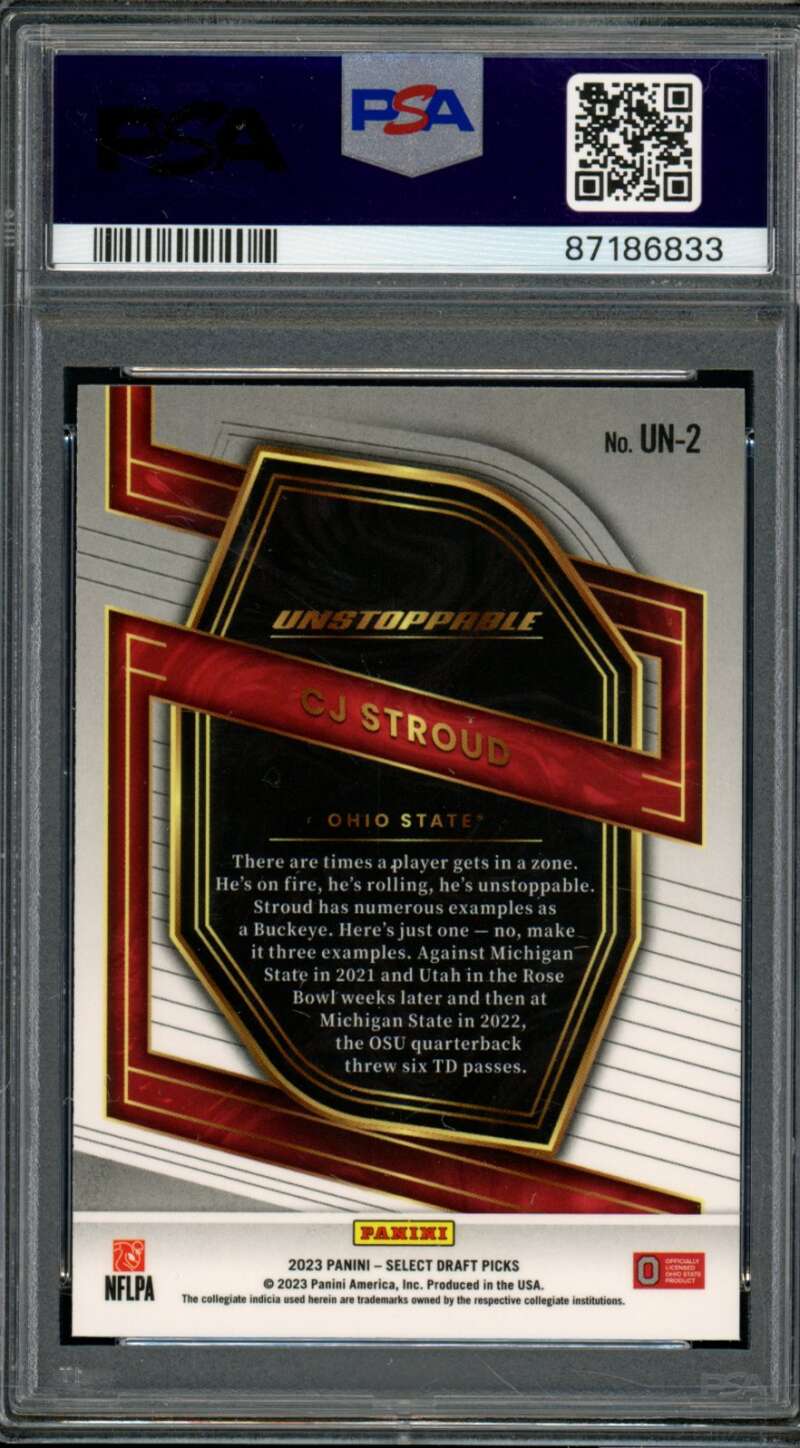 C.J. Stroud Rookie Card 2023 Select Draft Picks Unstoppable #un2 PSA 10 Image 2