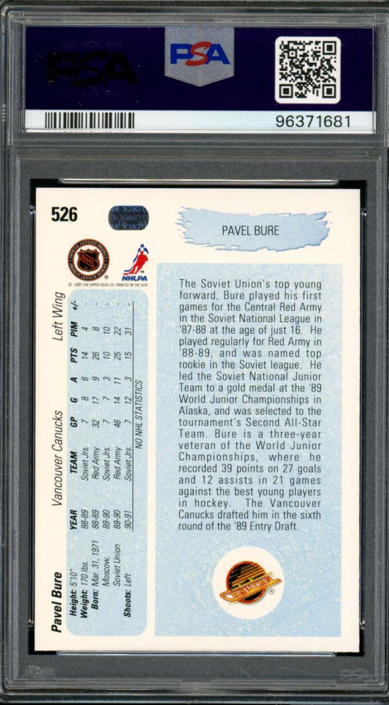 Pavel Bure Rookie Card 1990-91 Upper Deck #526 PSA 9 Image 2