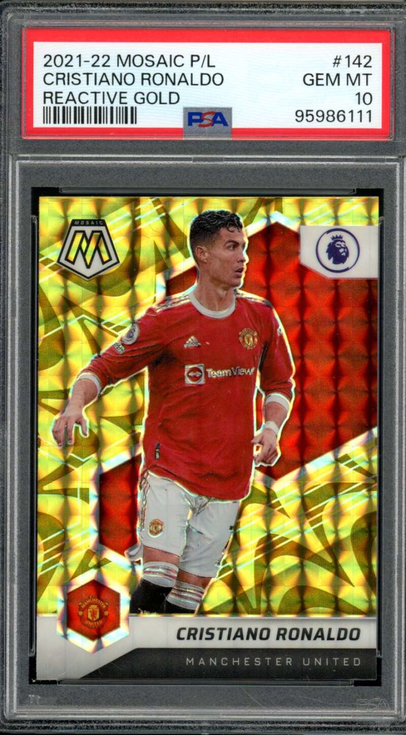 Cristiano Ronaldo Card 2021-22 Mosaic Reactive Gold #142 PSA 10 Image 1