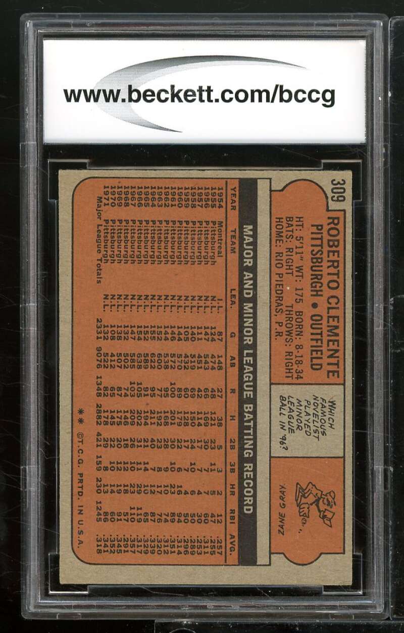 1972 Topps #309 Roberto Clemente Card BGS BCCG 9 Near Mint+ Image 2