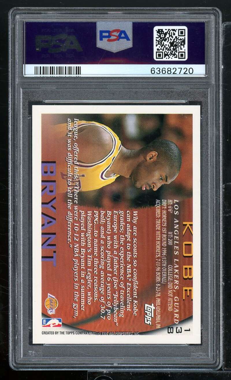 Kobe Bryant Rookie Card 1996-97 Topps #138 PSA 9 Image 2