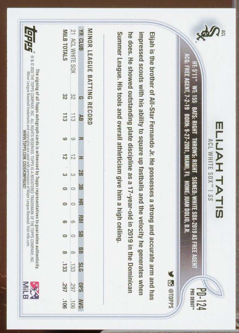 Elijah Tatis Rookie Card 2022 Topps Pro Debut Autographs #PD124  Image 2