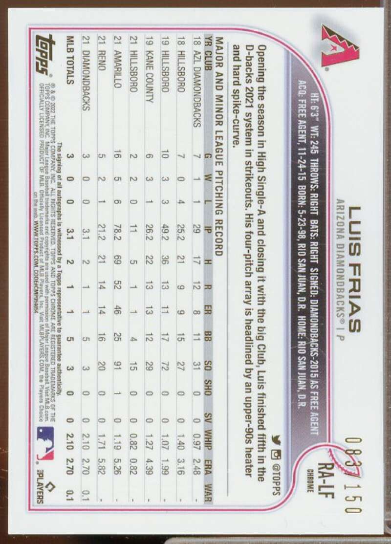 Luis Frias Rookie 2022 Topps Chrome Rookie Autographs Blue Refractors #RALF  Image 2