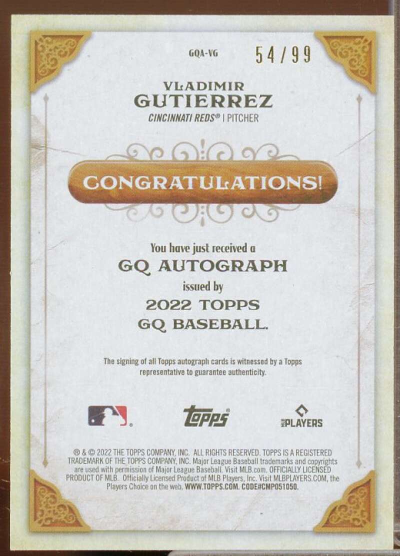 Vladimir Gutierrez Card 2022 Topps Gypsy Queen Autographs Blue #GQAVG  Image 2