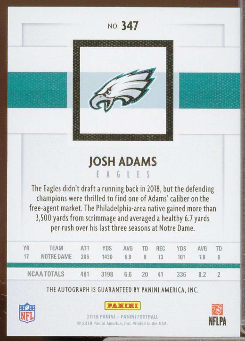 Josh Adams/99 Rookie Card 2018 Panini Autographs #347  Image 2