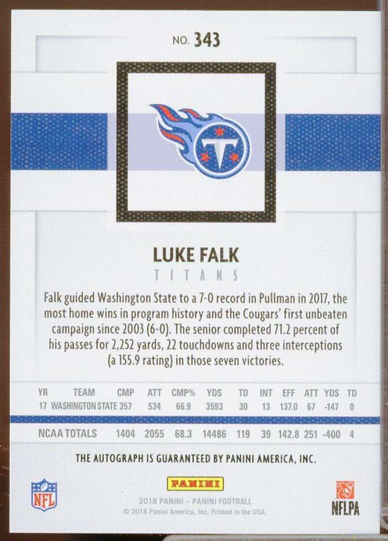 Luke Falk/99 Rookie Card 2018 Panini Autographs #343  Image 2