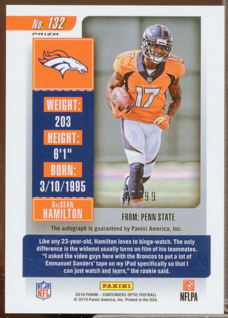 DaeSean Hamilton AU/99 Rookie Card 2018 Panini Contenders Optic Purple #132  Image 2