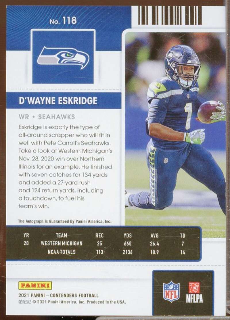 D'Wayne Eskridge AU Rookie Card 2021 Panini Contenders Playoff Ticket #118A  Image 2