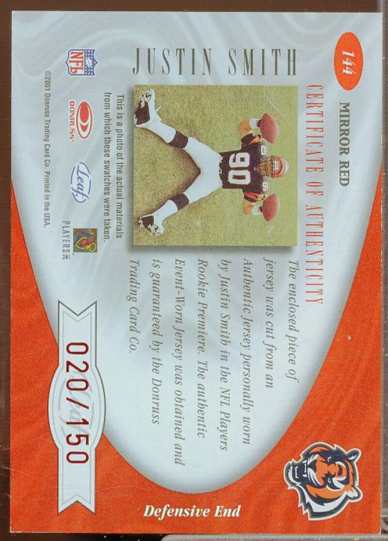 Justin Smith FF AU Rookie Card 2001 Leaf Certified Materials Mirror Red #144  Image 2