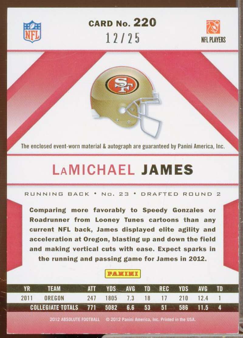 LaMichael James 2012 Absolute Rookie Premiere Materials Auto NFL Prime #220  Image 2