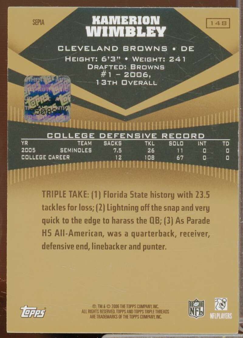 Kamerion Wimbley JSY AU Rookie Card 2006 Topps Triple Threads Sepia #148  Image 2