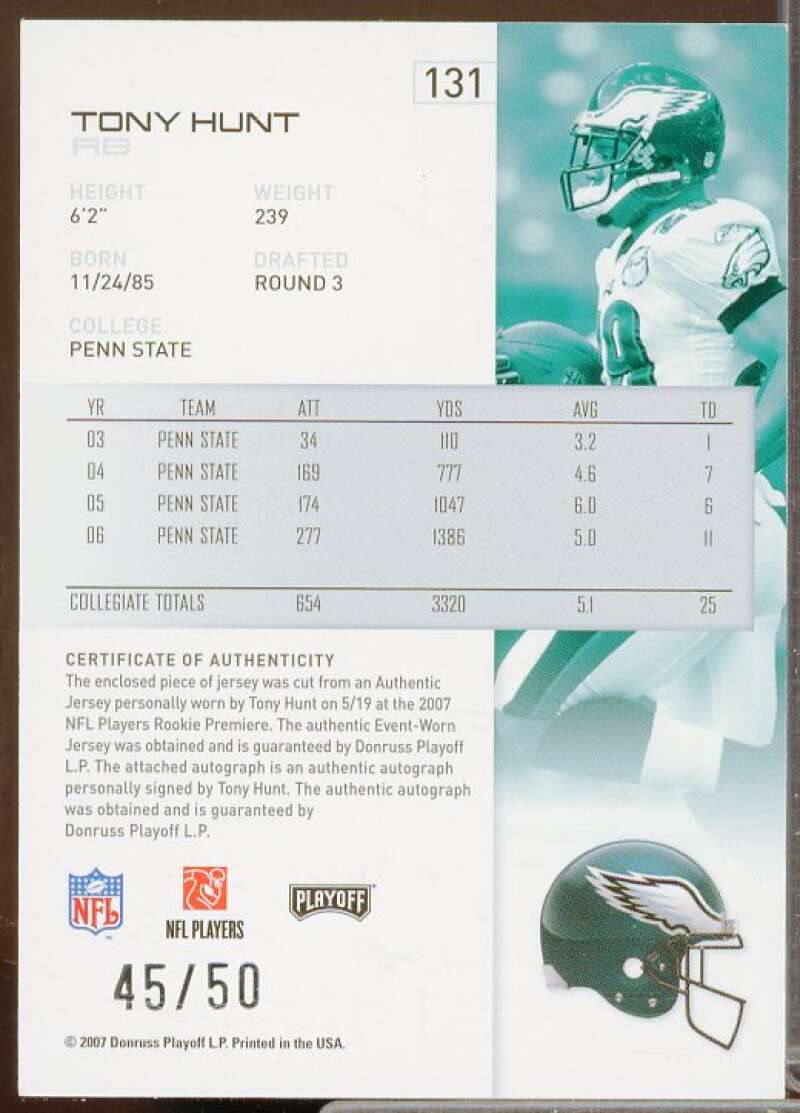 Tony Hunt Rookie Card 2007 Playoff NFL Playoffs Material Signatures Red #131  Image 2