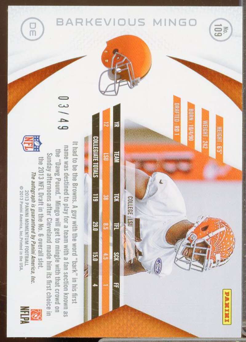 Barkevious Mingo/49 Rookie Card 2013 Momentum Rookie Signatures Gold #109  Image 2