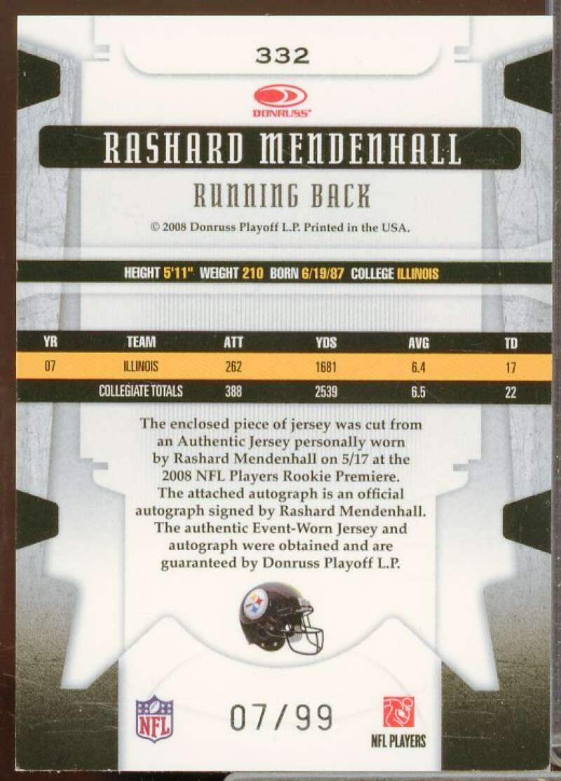 Rashard Mendenhall JSY AU Rookie Card 2008 Leaf Limited #332  Image 2