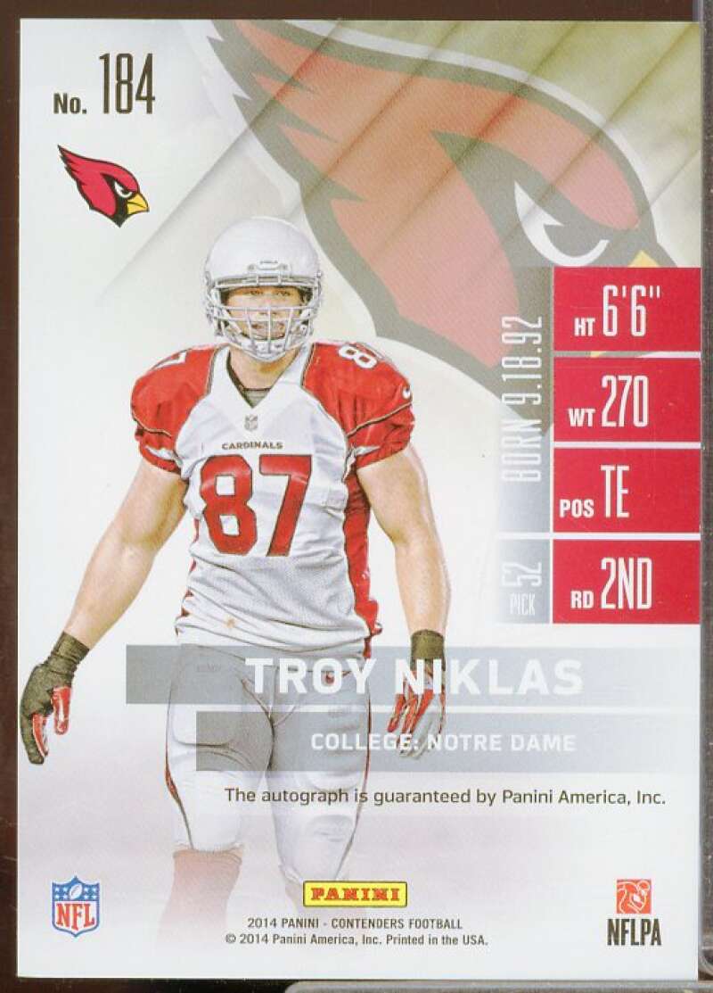 Troy Niklas AU Rookie Card 2014 Panini Contenders Championship Ticket #184A  Image 2