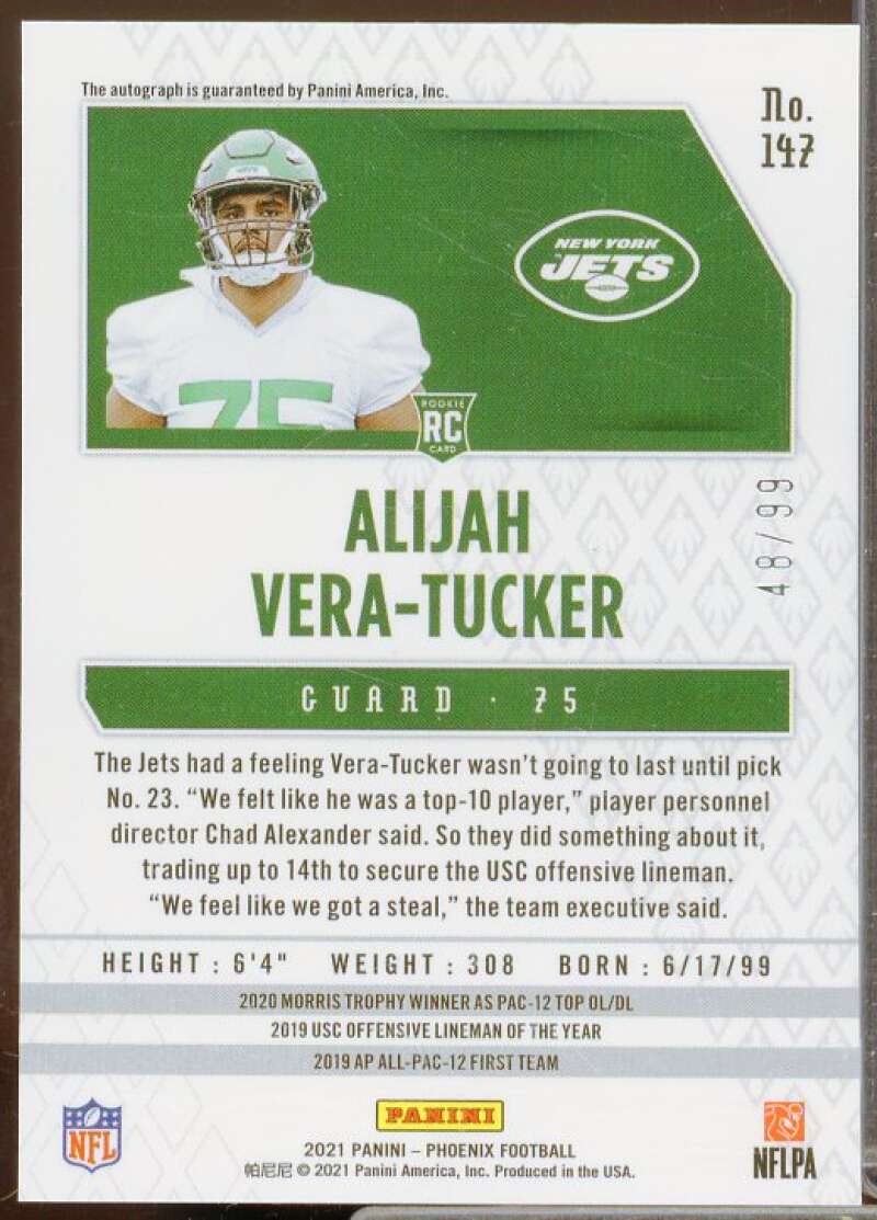 Alijah Vera-Tucker/99 Rookie 2021 Panini Phoenix Rookie Autographs Lazer #147  Image 2