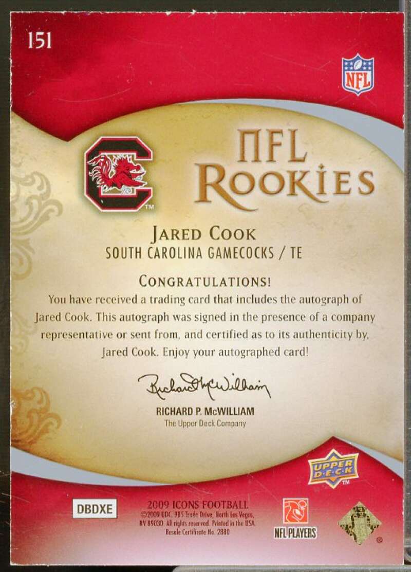 Jared Cook Rookie Card 2009 Upper Deck Icons Autographs #151  Image 2