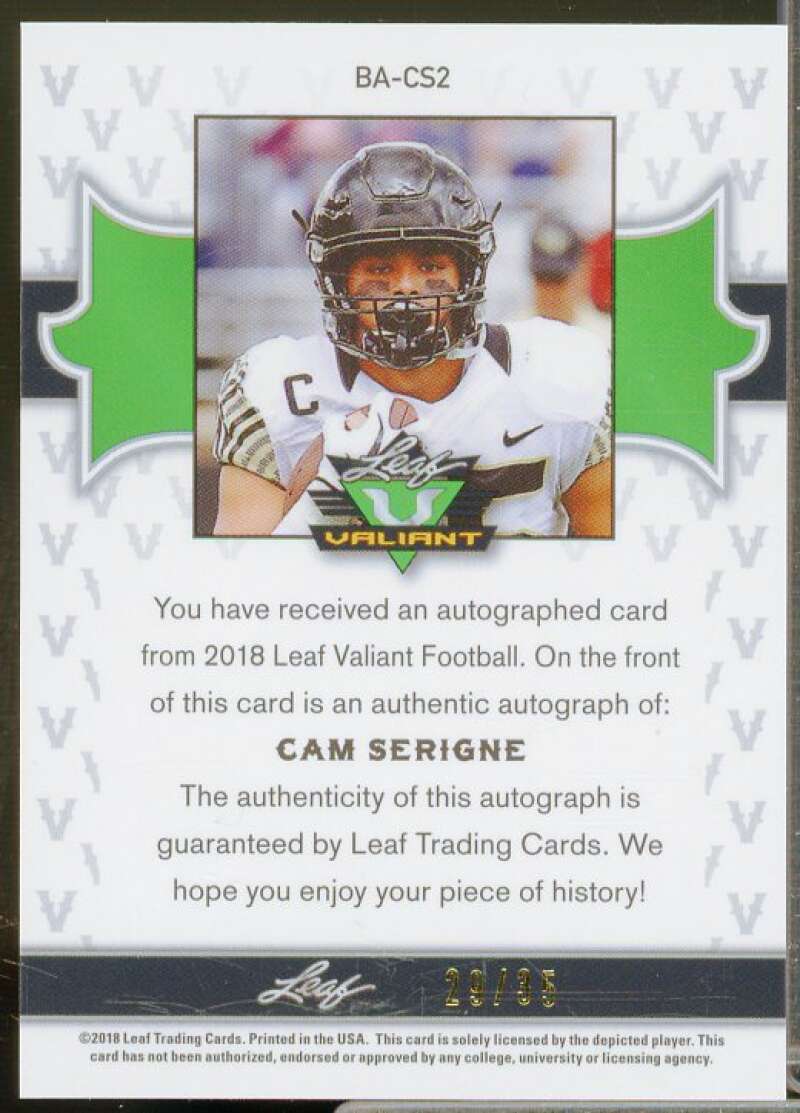 Cam Serigne Rookie Card 2018 Leaf Valiant Orange #BACS2  Image 2