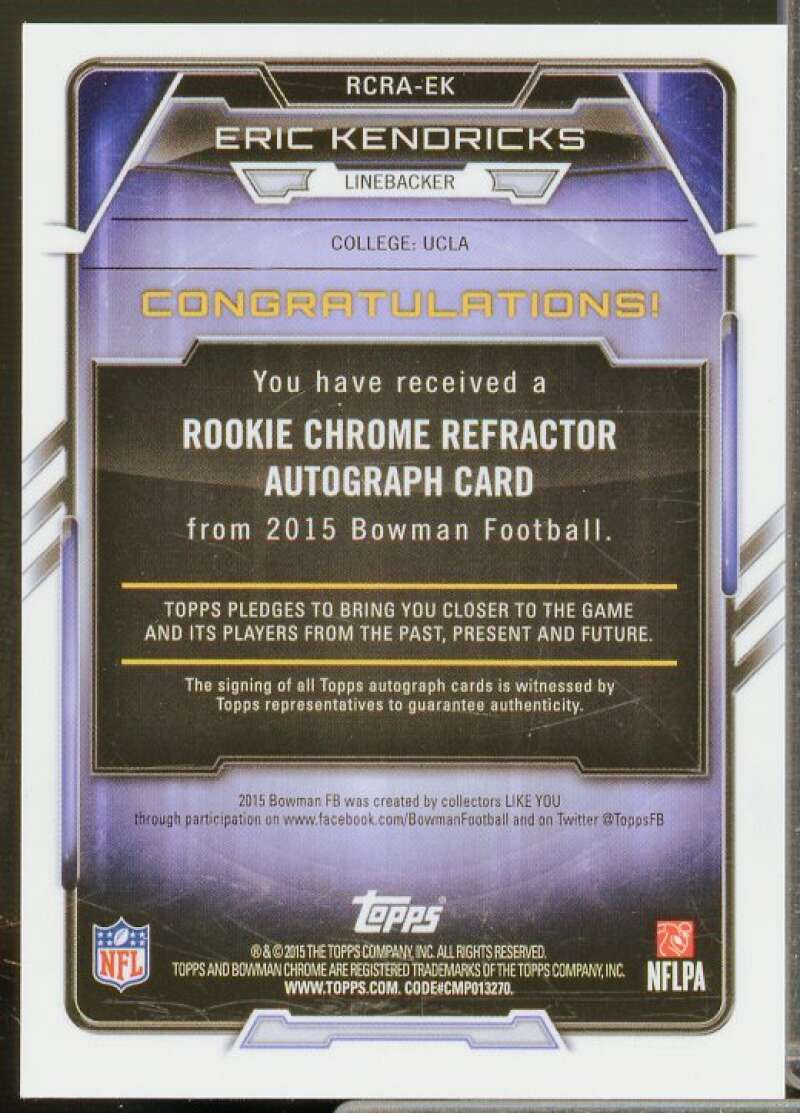 Eric Kendricks 2015 Bowman Chrome Rookie Autographs Refractors Blue #RCRAEK  Image 2