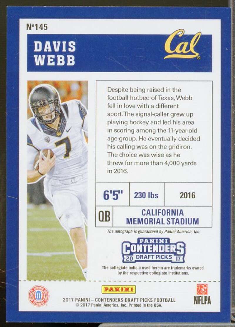 Davis Webb AU Rookie Card 2017 Panini Contenders Draft Picks Bowl Ticket #145A  Image 2